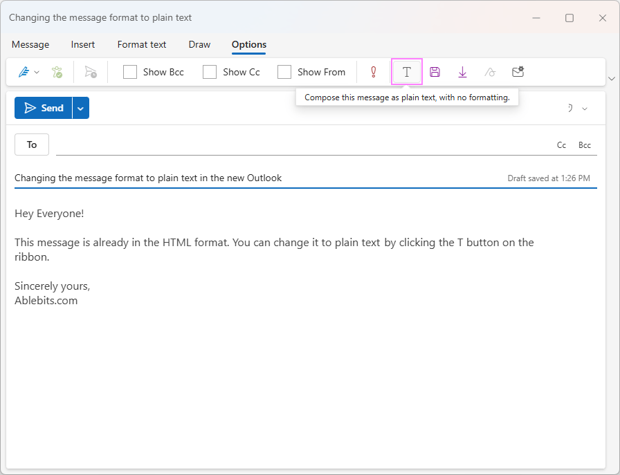 Switch to plain text in the new Outlook.