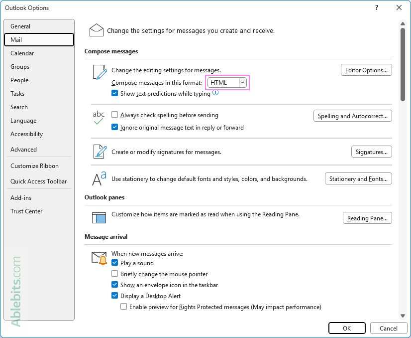 Make HTML the default email format in Outlook.