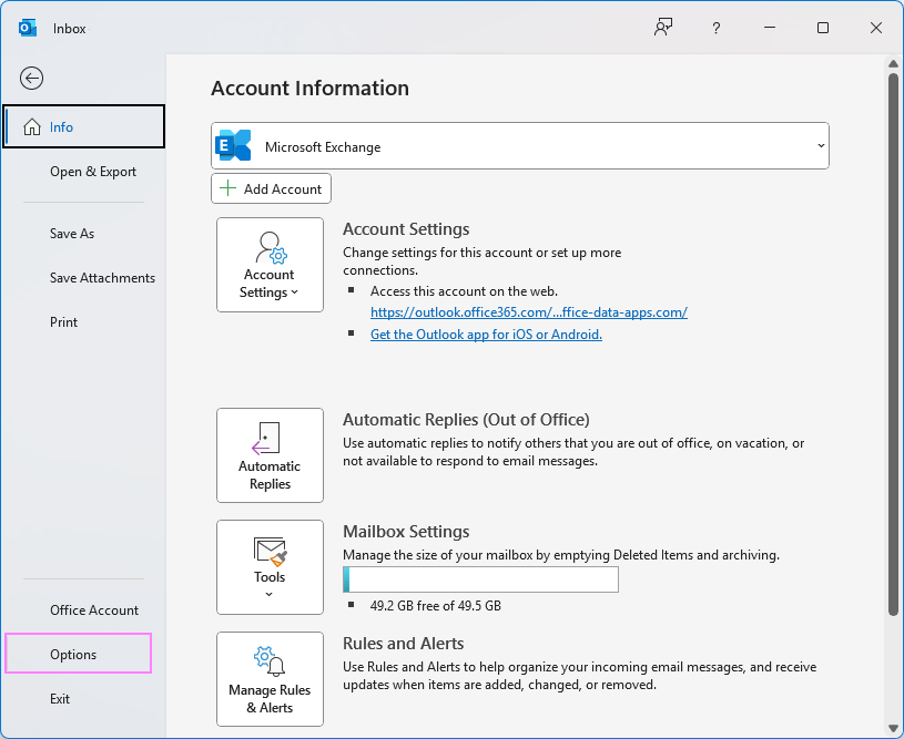 Access Outlook Options.