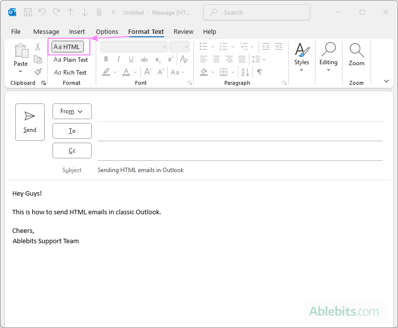 Send an HTML email in Outlook.