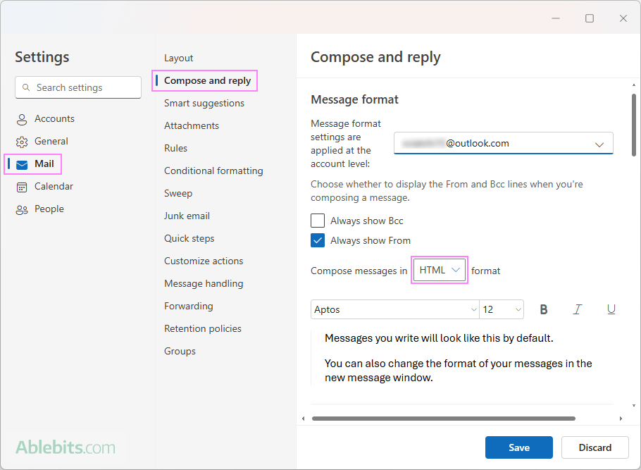 Set HTML as default in the new Outlook and web.