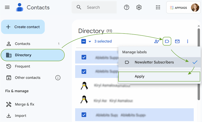 The Gmail Manage labels menu open, showing a list of available group labels with an Apply button.