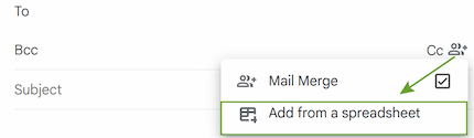 Clicking the Add from a spreadsheet option under the Mail Merge menu in Gmail.
