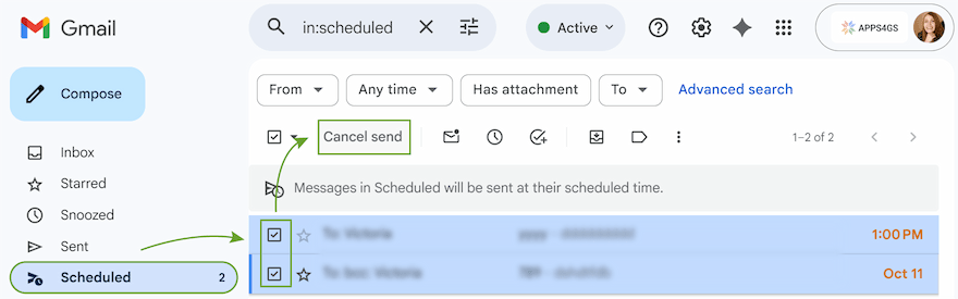 Inside the Gmail Scheduled folder, where newsletters selected and the Cancel send button highlighted.