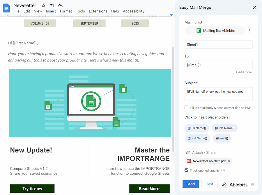 The Easy Mail Merge sidebar with the newsletter ready to be sent.