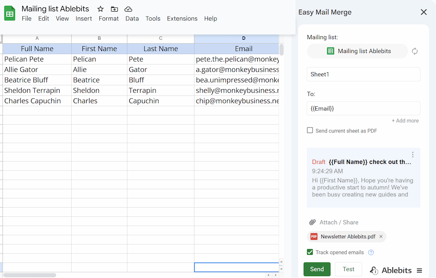 The Easy Mail Merge extension opened in Google Sheets, showing the connected Gmail Draft ready.