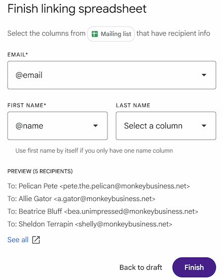 Selecting email and name fields from dropdown menus in the setup pop-up of Mail Merge.