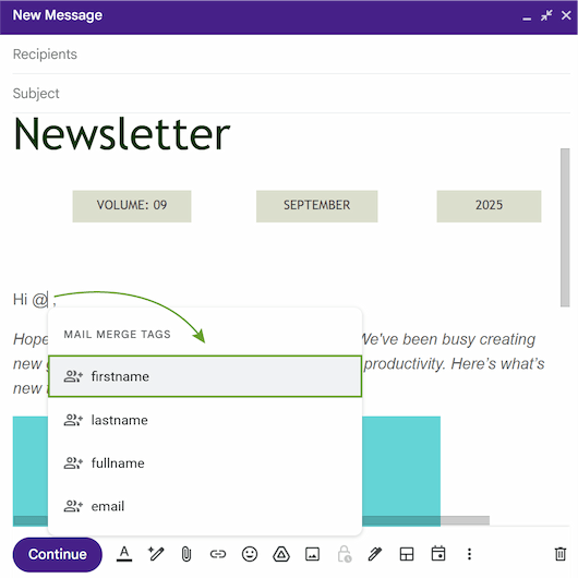 Inserting a personalized merge tag by clicking the @ symbol in the email body.