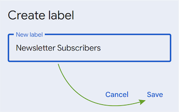 The New label pop-up for entering the name and saving your group as a label in Gmail.