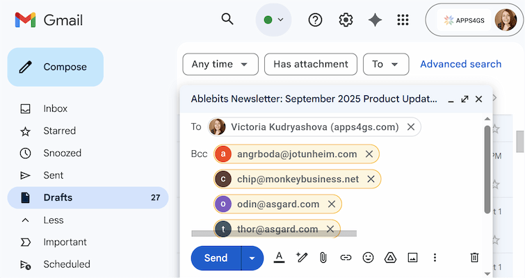 Adding BCC recipients by pasting a list of emails directly into the field.