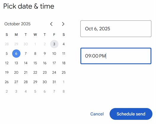 The manual scheduling interface in Gmail with calendar to pick date and time.