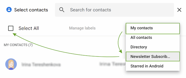 Accessing the address book from the BCC field and selecting all members at once.