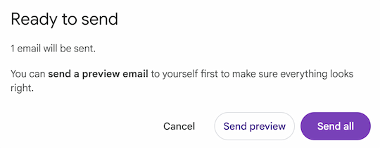 The Send Preview button in the Mail Merge pop-up window to review a test version of the newsletter.