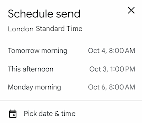 The email scheduler interface in Gmail with suggested time slots.