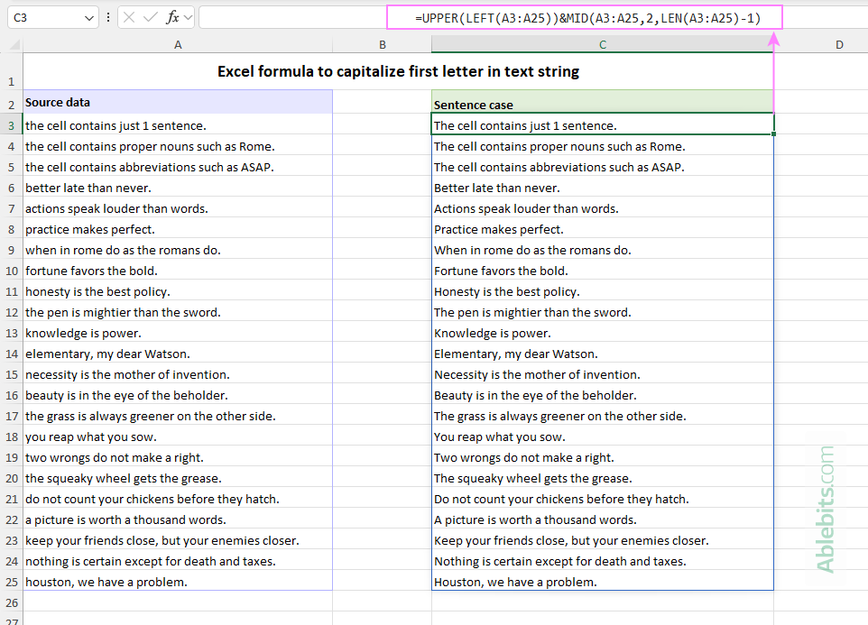 Excel formula to capitalize the first letter in a text string.