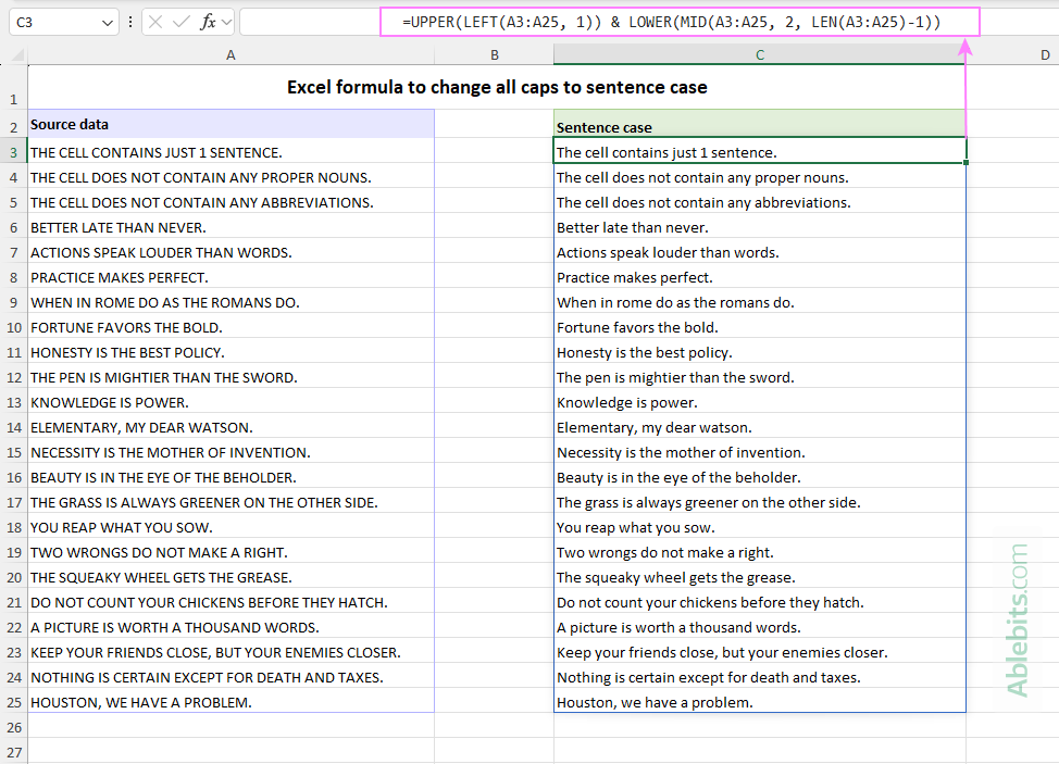 Excel formula to change all caps to sentence case in Excel.