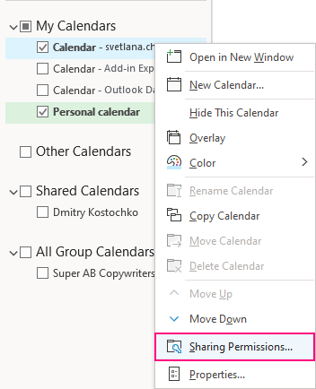 Outlook shared calendar permissions