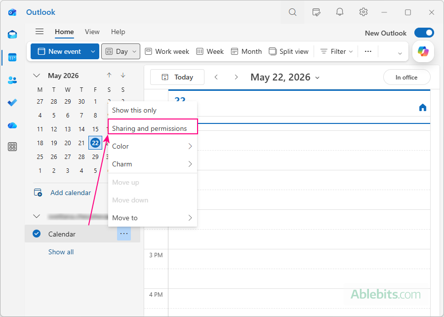 Access the Outlook shared calendar permissions.