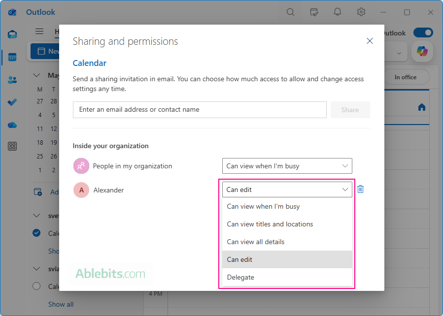 Change permissions for a shared Outlook calendar.