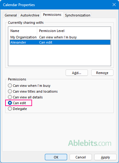 Choose the level of access you want to provide to the shared Outlook calendar.