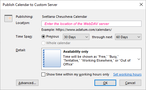 Specify the publishing location and calendar details.