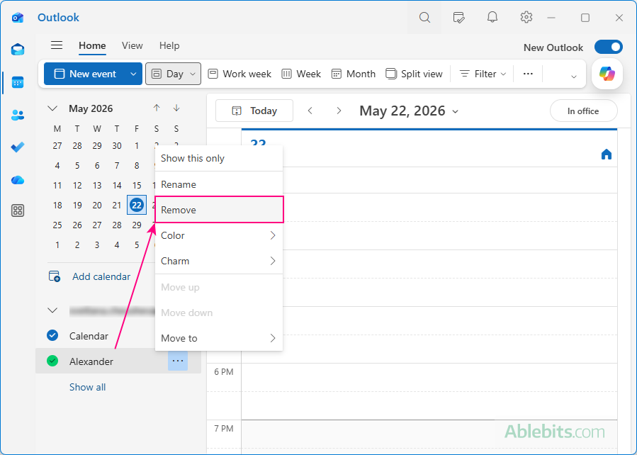 Remove a shared calendar from Outlook.