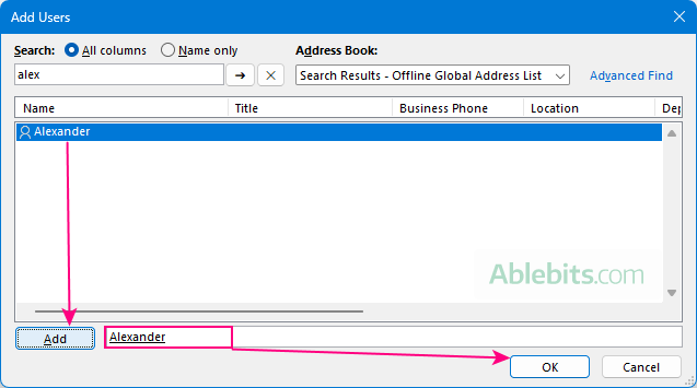Select one or more users that you want to share the calendar with.