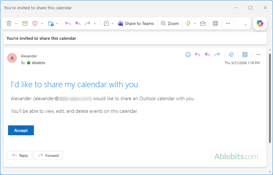 Outlook calendar sharing invitation