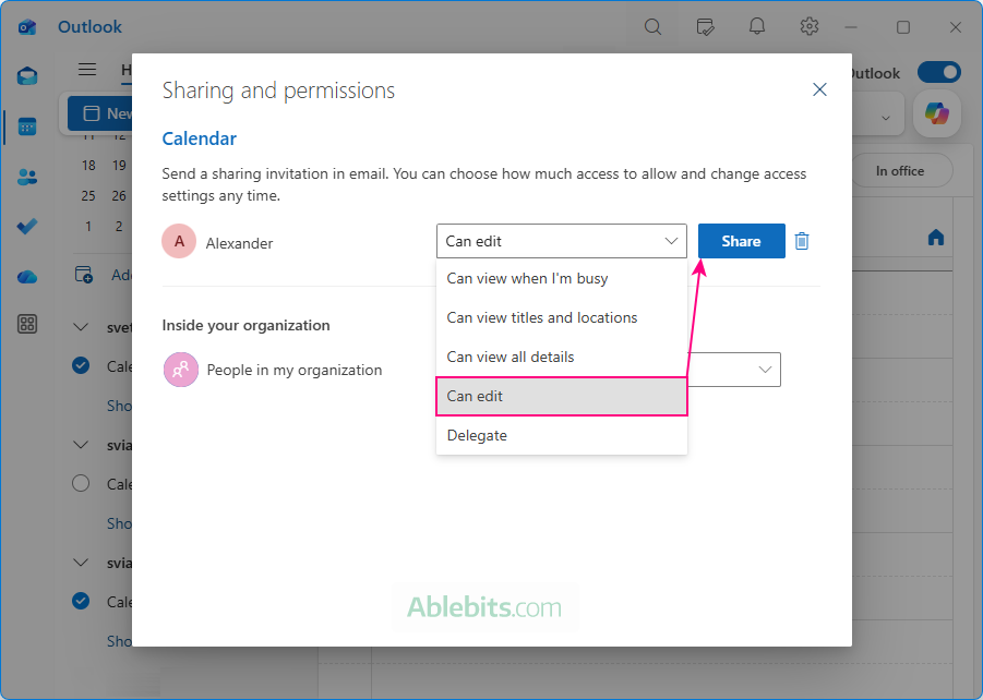 Choose the calendar sharing permissions in new Outlook.