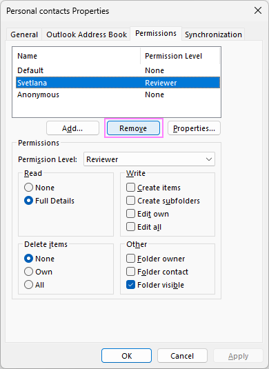 Change or remove permissions for a shared Outlook folder.