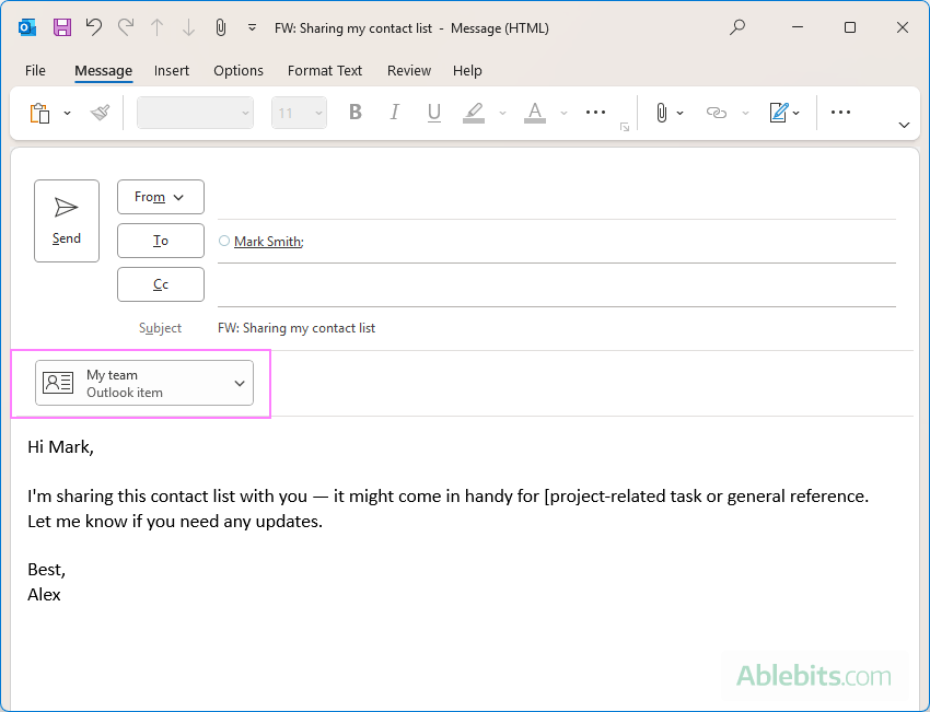 Share a contact list in Outlook.