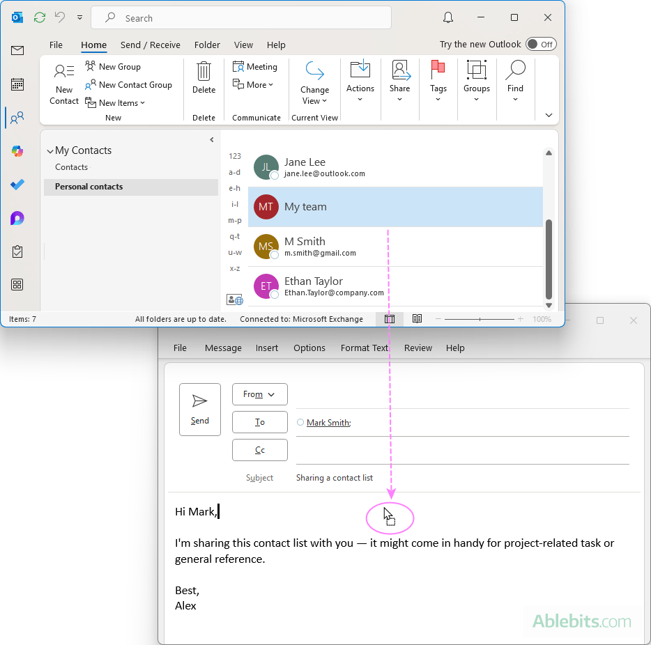 Share an email group in Outlook by drag-and-drop.