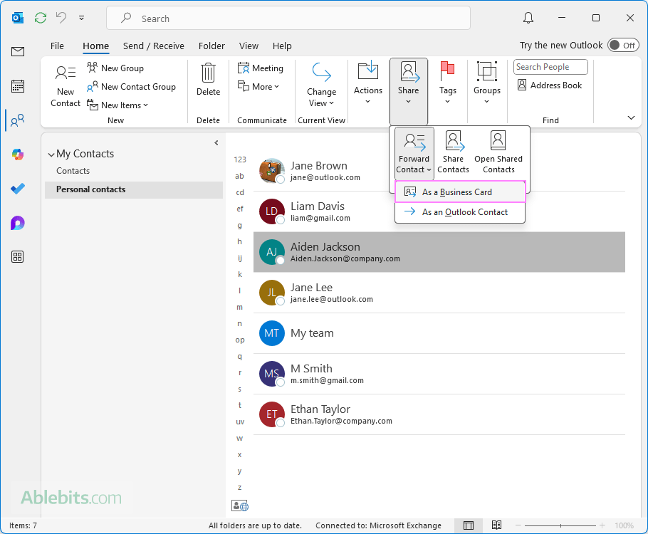 Share one contact in Outlook.