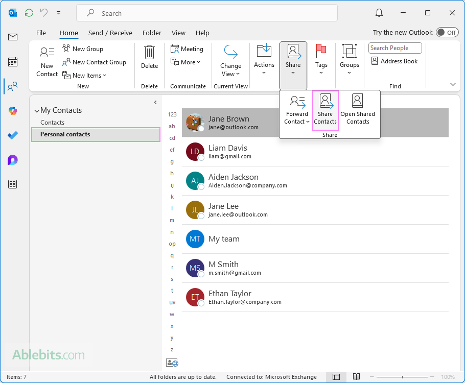 Share a contact folder in Outlook.