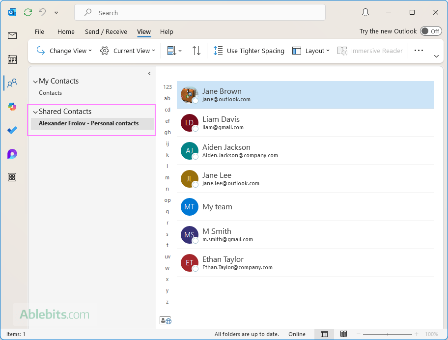 View the contents of the shared contact folder in Outlook.