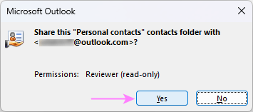 Confirm that you want to share a contact folder with a certain person.