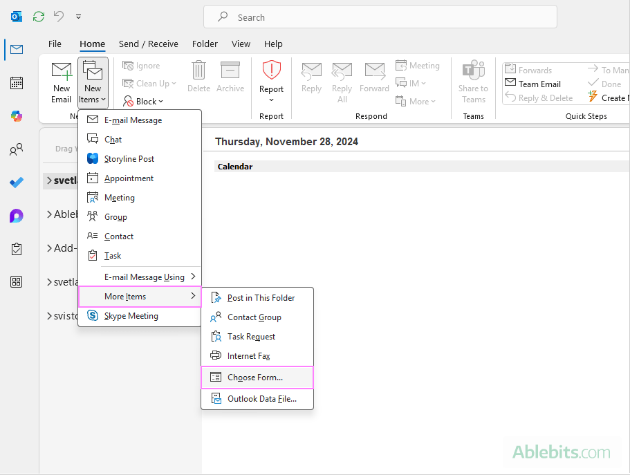 Open the Choose Form dialog in Outlook.