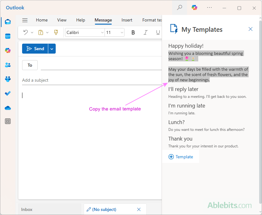 Copy the template's content in the new Outlook.