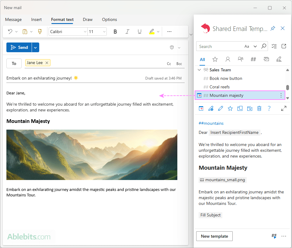 Insert a shared Outlook template into a message.