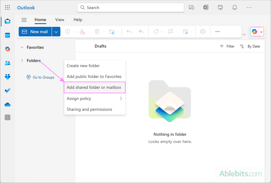 Access the Add shared folder or mailbox option in Outlook on the web.