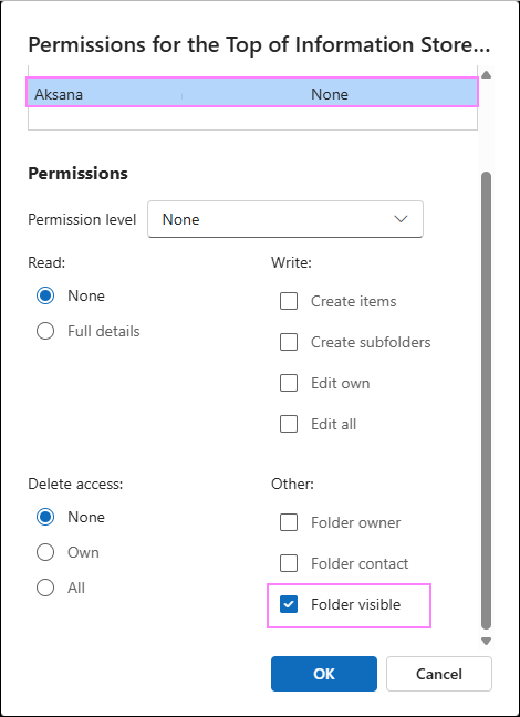 Set the Folder visible permission in the new Outlook.