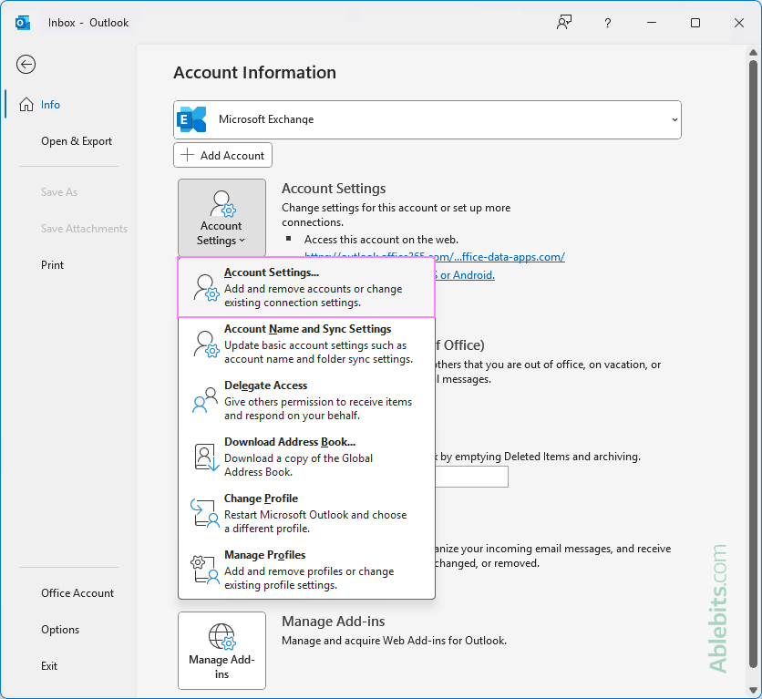 Access account settings in Outlook.