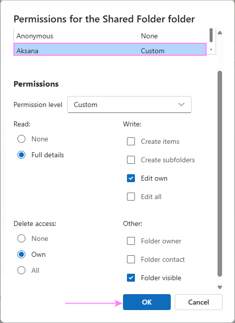 Set the desired permission level.