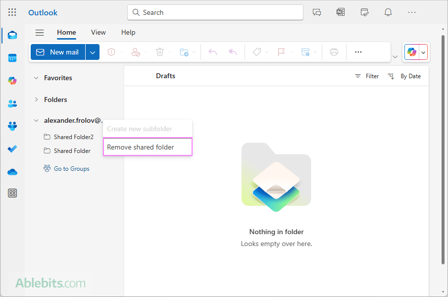 Remove a shared folder from the new Outlook.