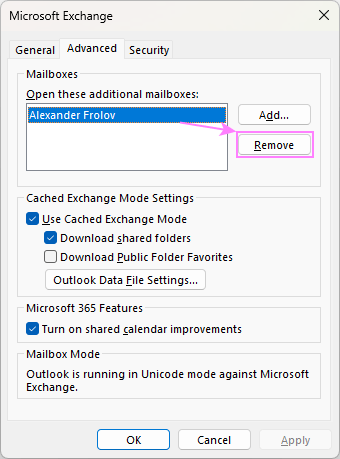 Remove shared folders from classic Outlook.