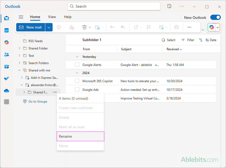 Rename a shared folder in the new Outlook.