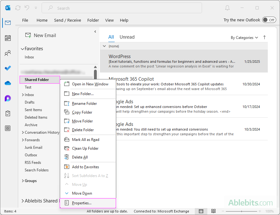 To start sharing a folder in Outlook, access its properties.