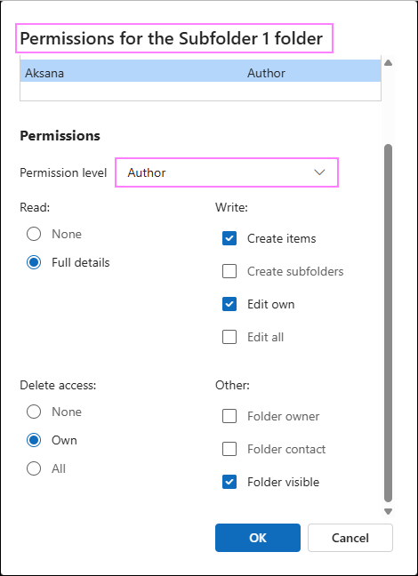 Share a subfolder in Outlook.