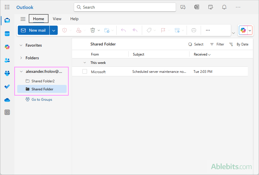 View shared folders in Outlook online.