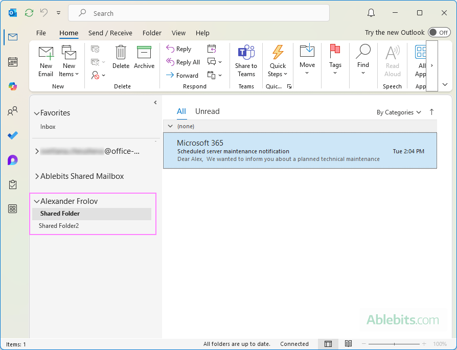 The shared email folder is added to Outlook 365.